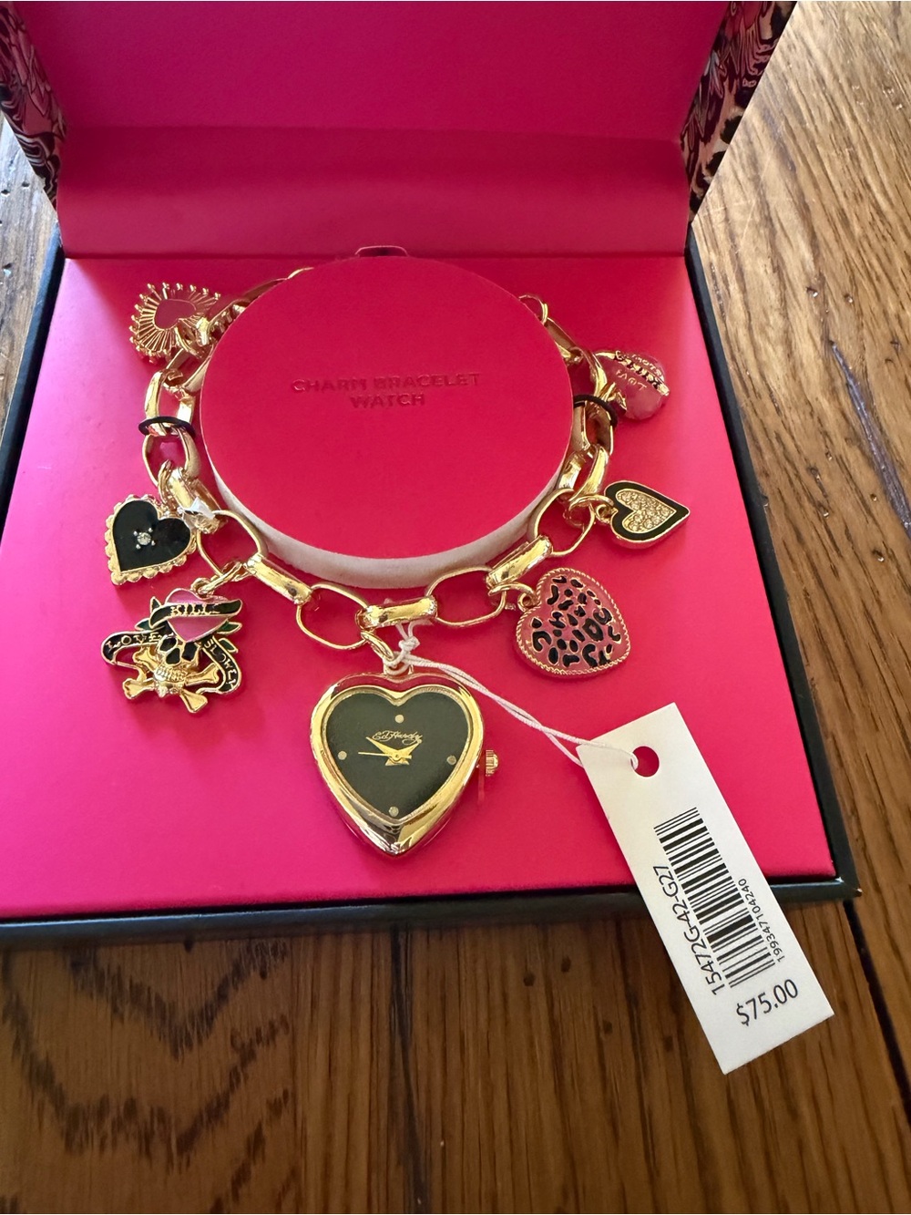 Ed Hardy Gold-tone Heart Charm Bracelet Watch with Black & Pink Accents